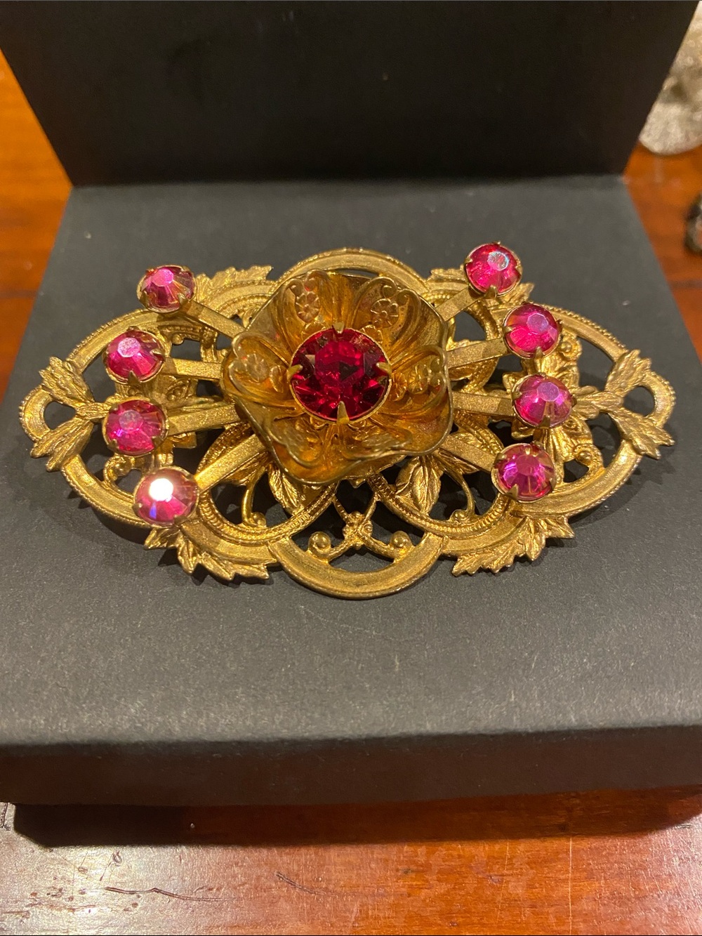 Czech Glass Gold-Tone Floral Brooch with Pink Czech Glass Accents